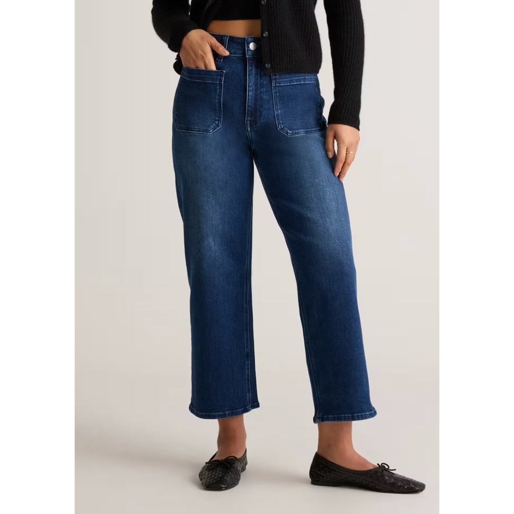 Quince Womens Bella Stretch Patch Pockets Wide Leg Crop Jeans Denim High Rise 32 - Picture 1 of 11